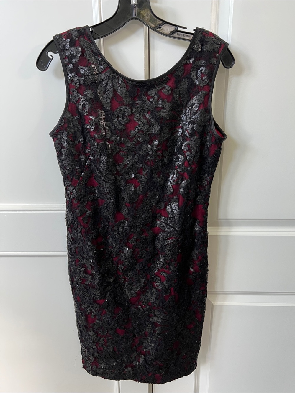 Cache Black Lace Overlay Mini Dress with Burgundy Underlayer